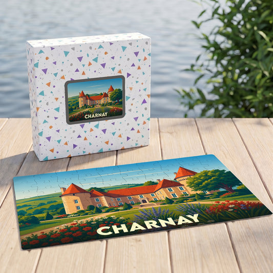 Puzzle souvenir de la ville de Charnay avec une illustration stylisée de son château.