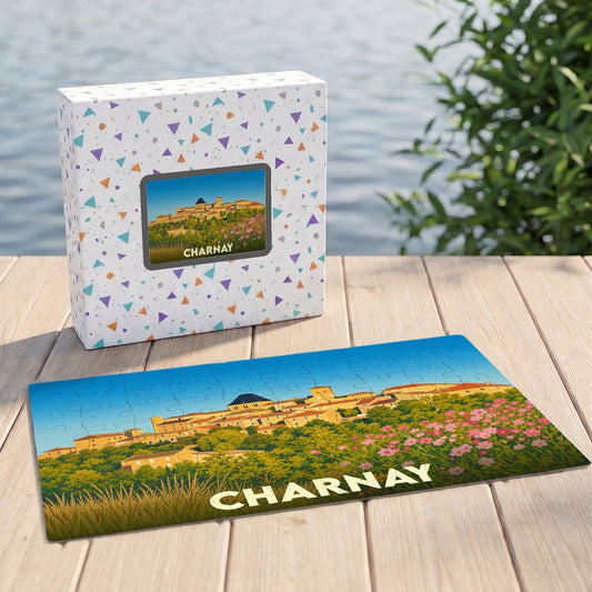 Puzzle souvenir de la ville de Charnay avec une illustration stylisée et colorée.