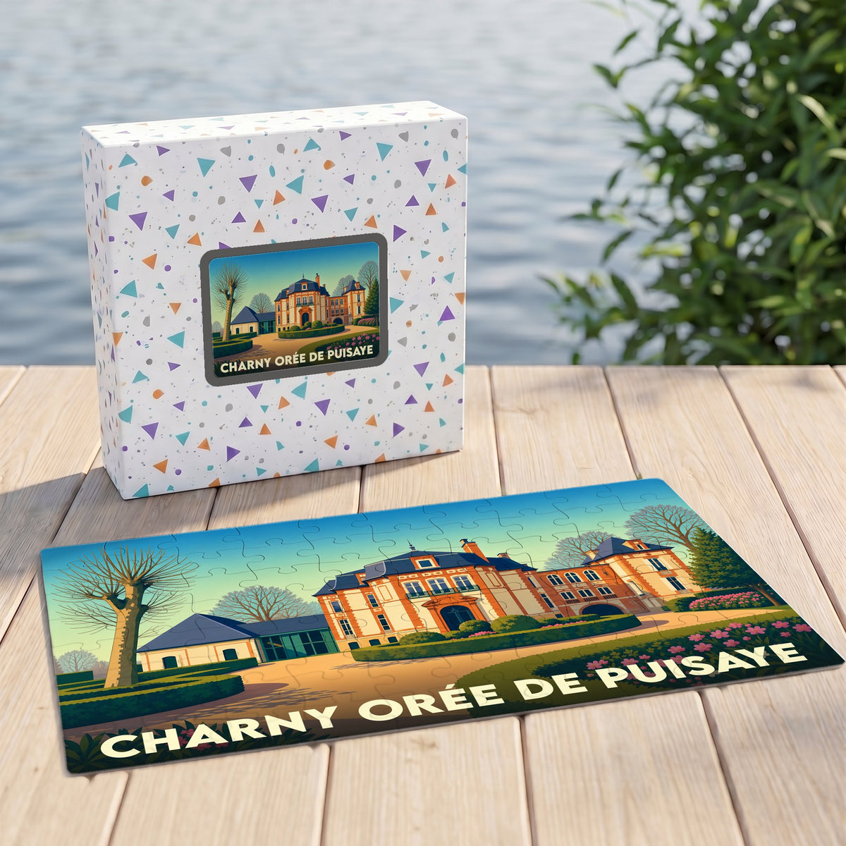 Puzzle souvenir de la ville de Charny Orée de Puisaye avec une illustration stylisée d'un château.