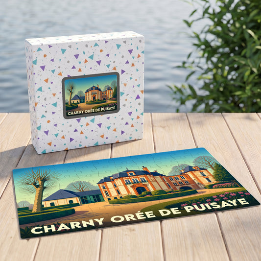 Puzzle souvenir de la ville de Charny Orée de Puisaye avec une illustration stylisée d'un château.