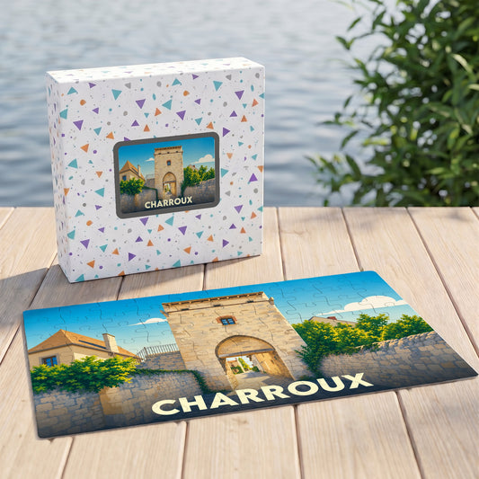 Puzzle souvenir de la ville de Charroux présentant une illustration stylisée de sa porte fortifiée.