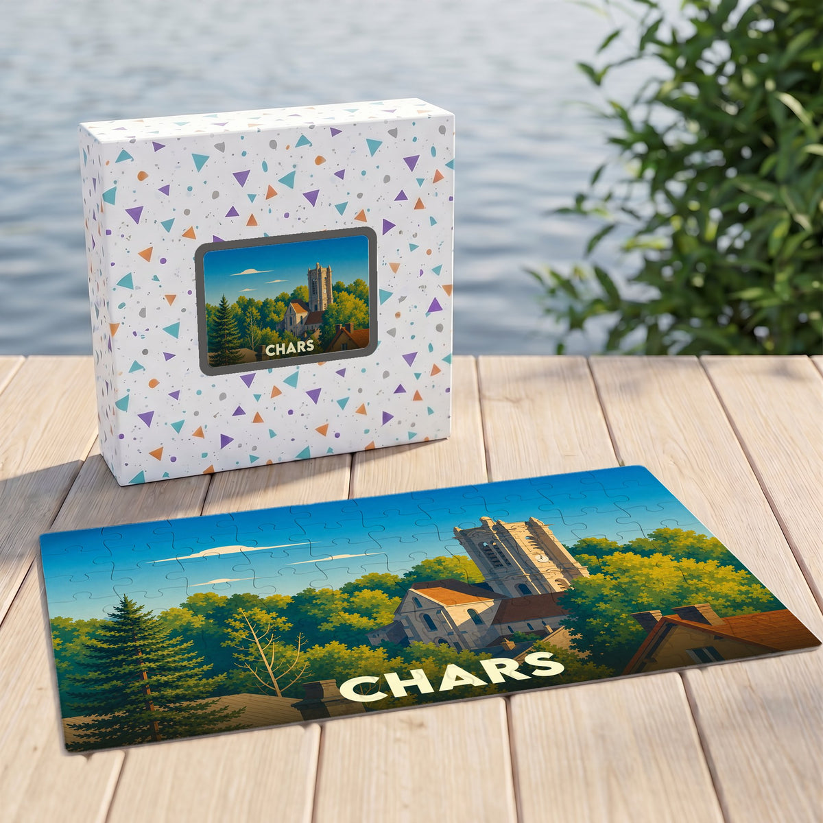 Puzzle souvenir de la ville de Chars avec une illustration stylisée d'une église entourée de verdure.