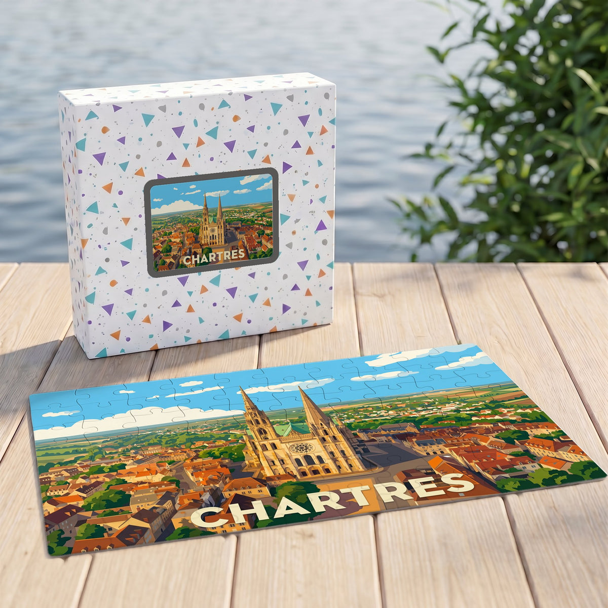 Puzzle souvenir de la ville de Chartres avec une illustration stylisée de sa cathédrale et de ses toits.