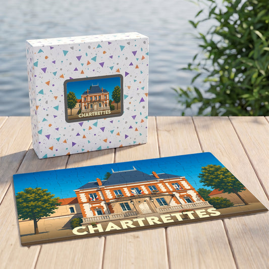 Puzzle souvenir de la ville de Chartrettes avec une illustration stylisée de son hôtel de ville.