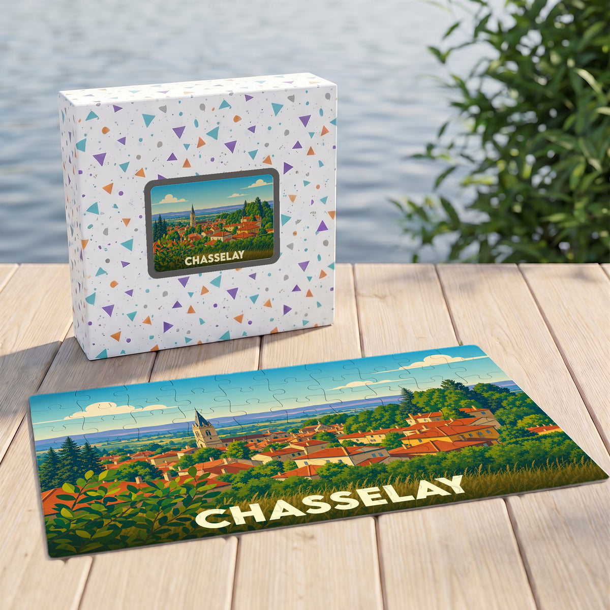 Puzzle souvenir de la ville de Chasselay représentant une vue panoramique illustrée de la commune.