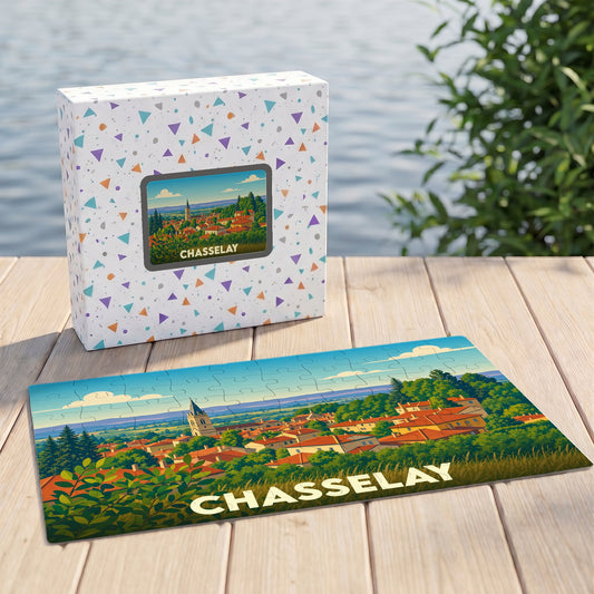Puzzle souvenir de la ville de Chasselay représentant une vue panoramique illustrée de la commune.