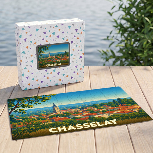 Puzzle souvenir de la ville de Chasselay avec une illustration paysagère stylisée.