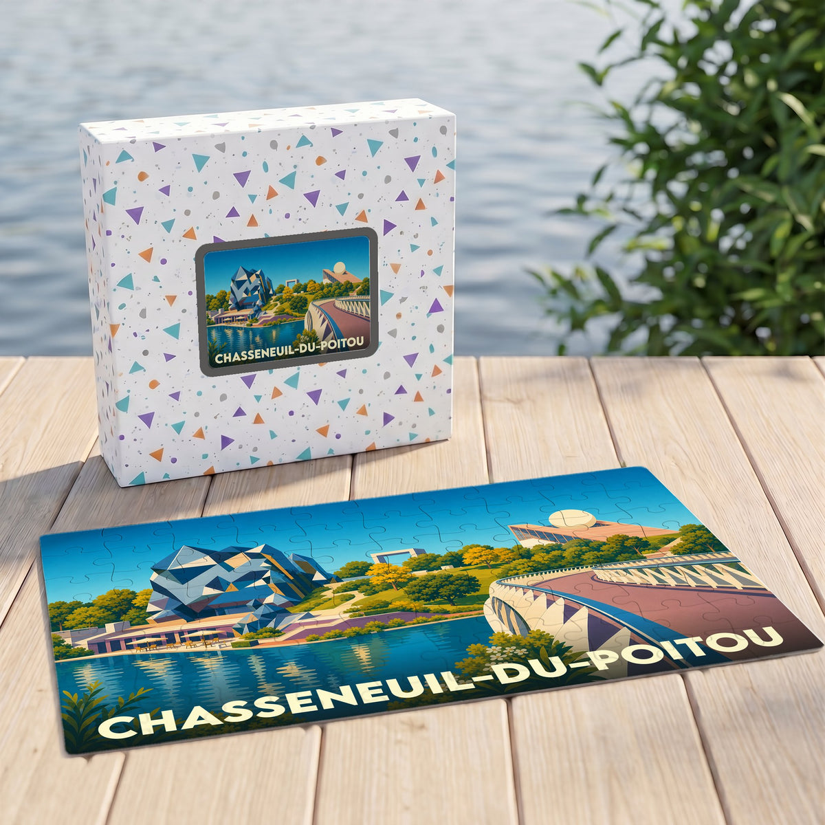 Puzzle souvenir de la ville de Chasseneuil-du-Poitou illustrant le parc du Futuroscope dans un style coloré.