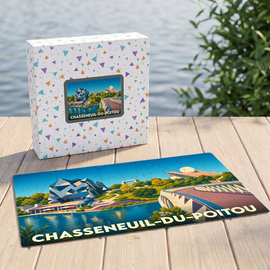 Puzzle souvenir de la ville de Chasseneuil-du-Poitou illustrant le parc du Futuroscope dans un style coloré.