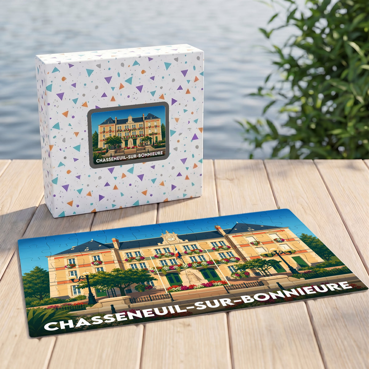 Puzzle souvenir de la ville de Chasseneuil-sur-Bonnieure avec une illustration stylisée de sa mairie.