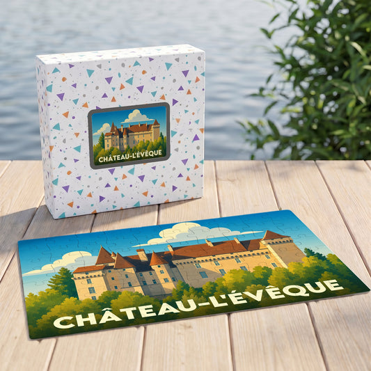 Puzzle souvenir de la ville de Château-l'Évêque avec une illustration stylisée d'un château.