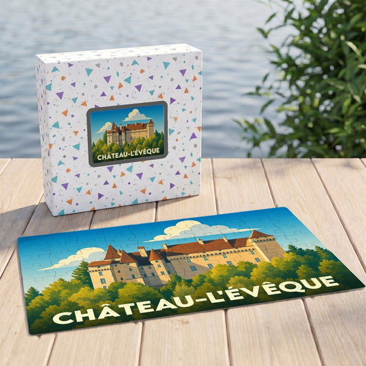 Puzzle souvenir de la ville de Château-l'Évêque avec une illustration stylisée du château.