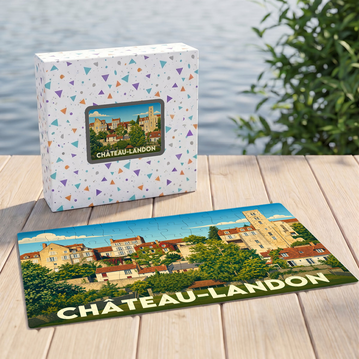 Puzzle souvenir de la ville de Château-Landon avec une illustration paysagère stylisée.