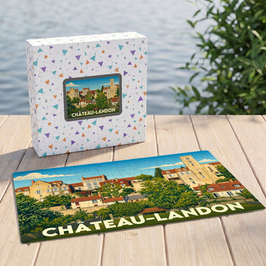 Puzzle souvenir de la ville de Château-Landon avec une illustration paysagère stylisée.