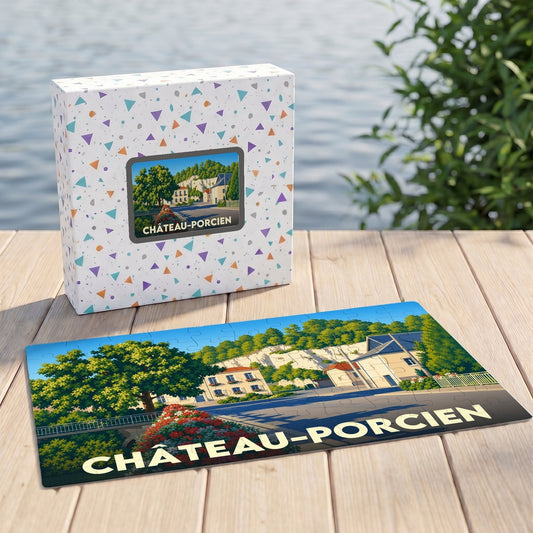 Puzzle souvenir de la ville de Château-Porcien avec une illustration graphique colorée et sa boîte assortie.