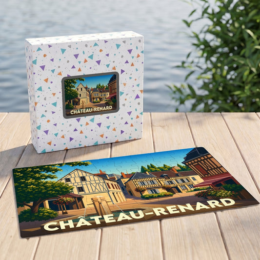 Puzzle souvenir de la ville de Château-Renard avec une illustration colorée de ses maisons à colombages.