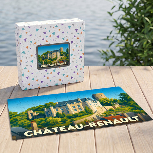 Puzzle souvenir de la ville de Château-Renault avec une illustration stylisée d'un château.