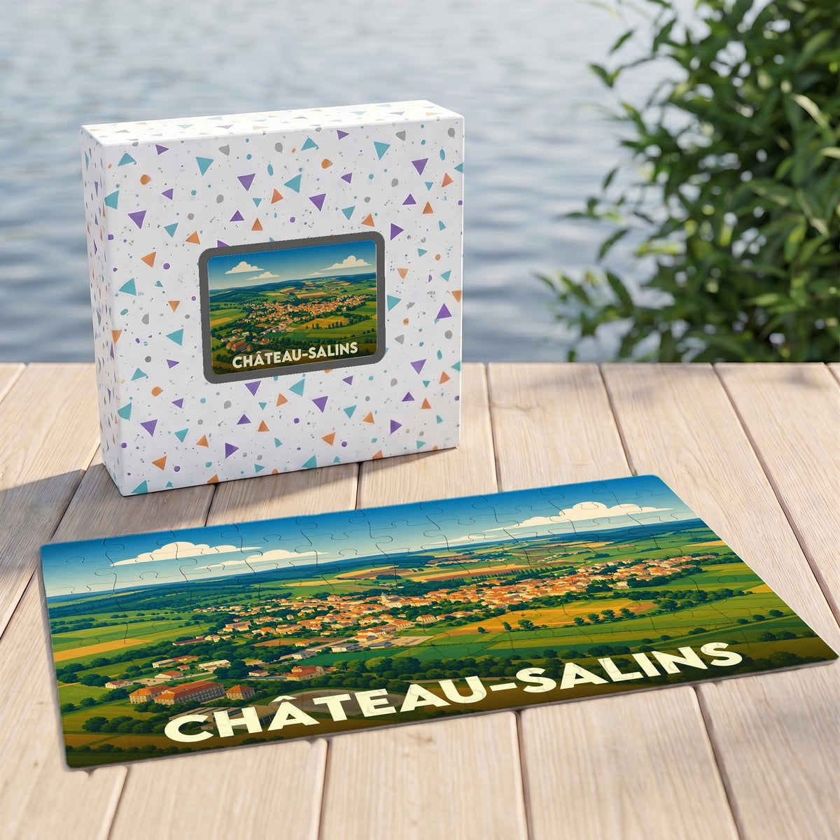 Puzzle souvenir de la ville de Château-Salins illustrant un paysage de campagne vallonné.