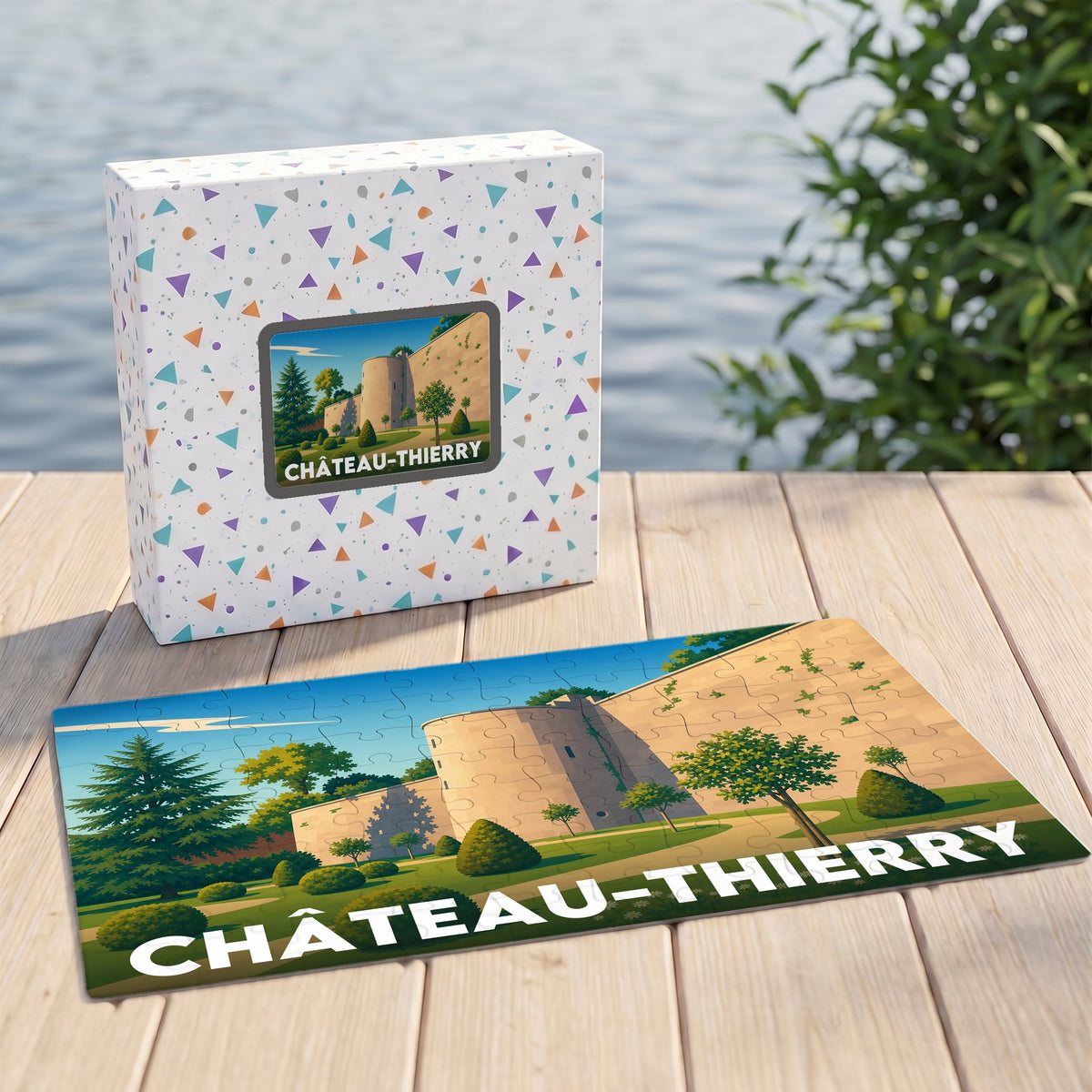 Puzzle souvenir de la ville de Château-Thierry avec une illustration stylisée de ses remparts.