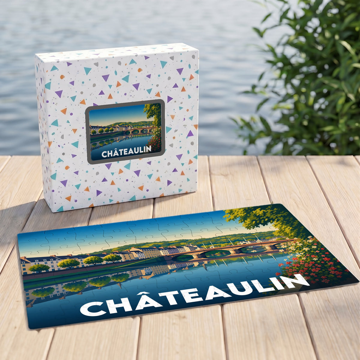 Puzzle souvenir de la ville de Châteaulin avec une illustration stylisée d'un pont se reflétant dans l'eau.