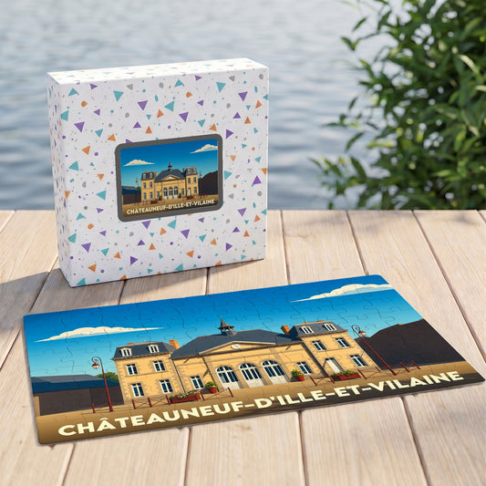 Puzzle souvenir de la ville de Châteauneuf-d'Ille-et-Vilaine avec une illustration stylisée.