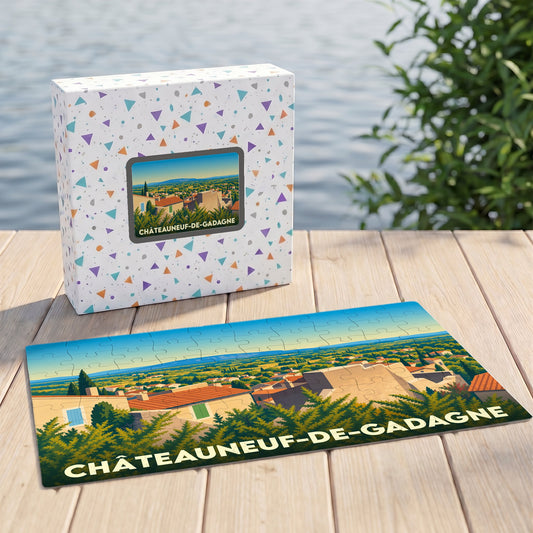 Puzzle souvenir de la ville de Châteauneuf-de-Gadagne avec une illustration panoramique stylisée.