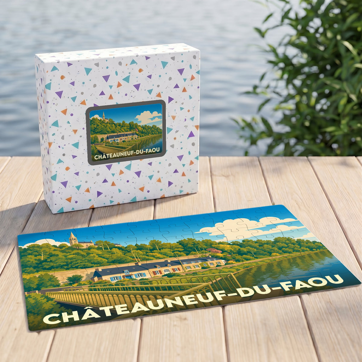 Puzzle souvenir de la ville de Châteauneuf-du-Faou avec une illustration stylisée et colorée de son paysage.