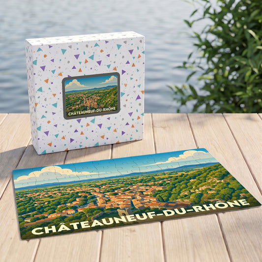 Puzzle souvenir de la ville de Châteauneuf-du-Rhône avec une illustration panoramique stylisée.