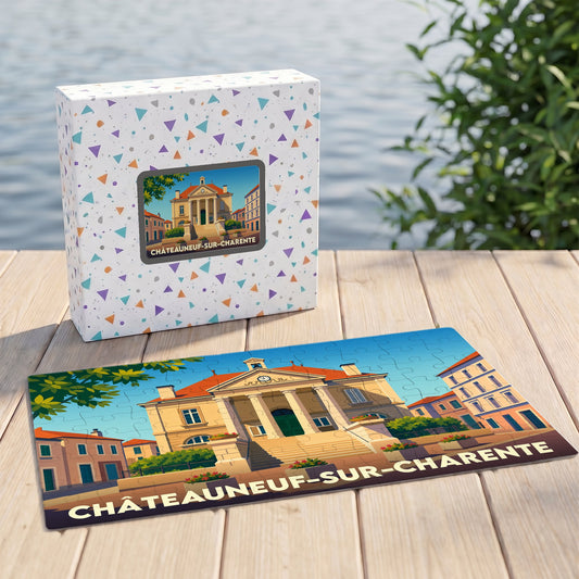 Puzzle souvenir de la ville de Châteauneuf-sur-Charente avec une illustration stylisée de son architecture.