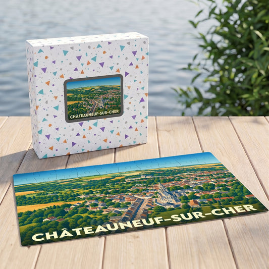 Puzzle souvenir de la ville de Châteauneuf-sur-Cher avec une illustration aérienne colorée.