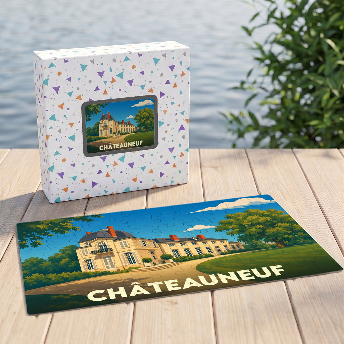 Puzzle souvenir de la ville de Châteauneuf avec une illustration stylisée d'un château.