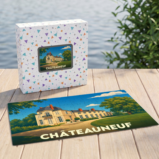 Puzzle souvenir de la ville de Châteauneuf avec une illustration stylisée d'un château.