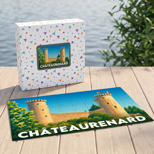Puzzle souvenir de la ville de Châteaurenard avec une illustration stylisée de son château.