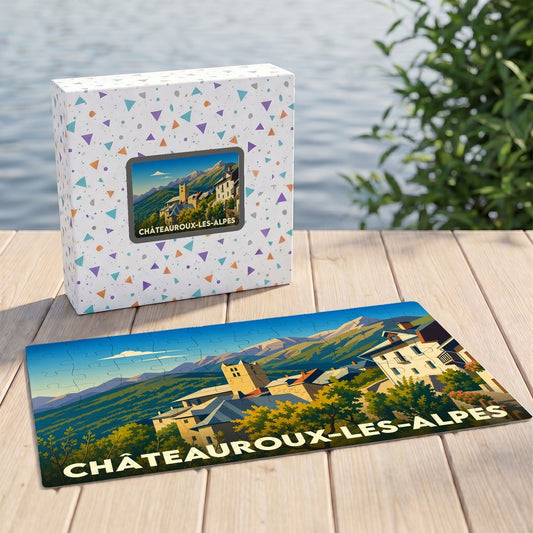 Puzzle souvenir de la ville de Châteauroux-les-Alpes avec une illustration stylisée d'un paysage de montagne.