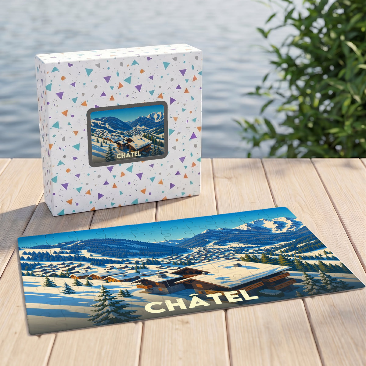 Puzzle souvenir de la ville de Châtel avec une illustration hivernale stylisée.