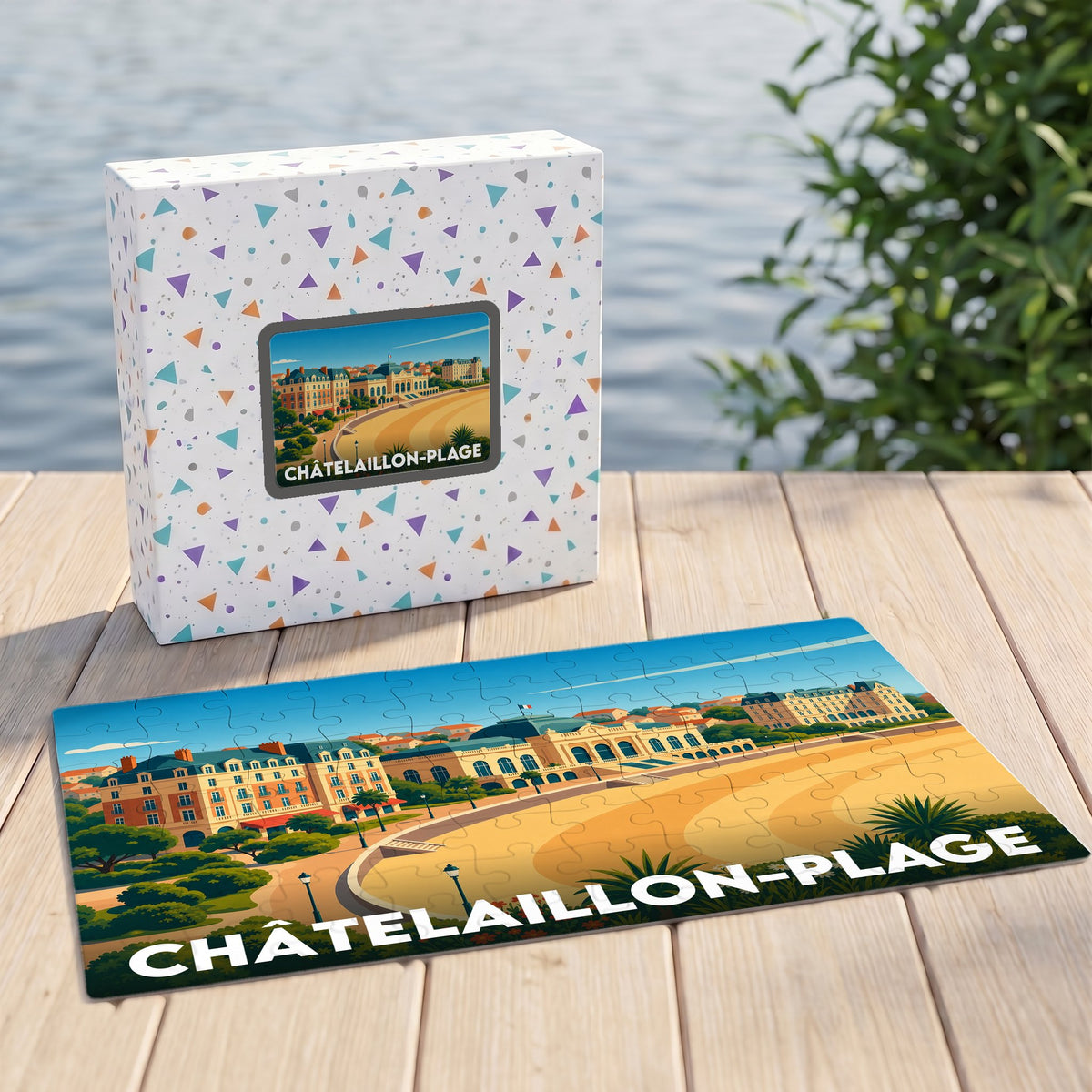 Puzzle souvenir de la ville de Châtelaillon-Plage illustrant son front de mer avec un style graphique rétro.