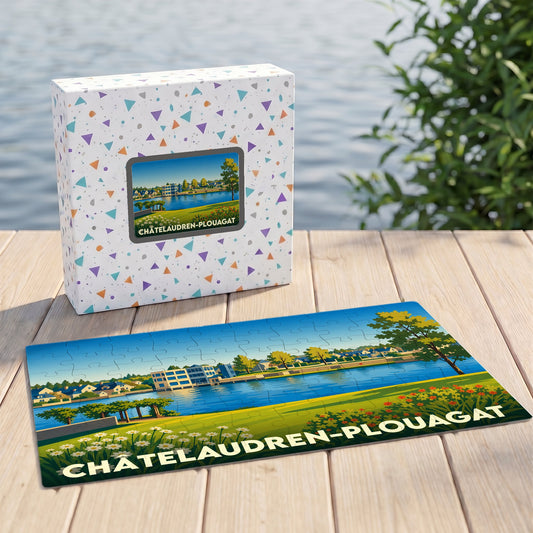 Puzzle souvenir de la ville de Châtelaudren-Plouagat avec une illustration stylisée et colorée de ses paysages.