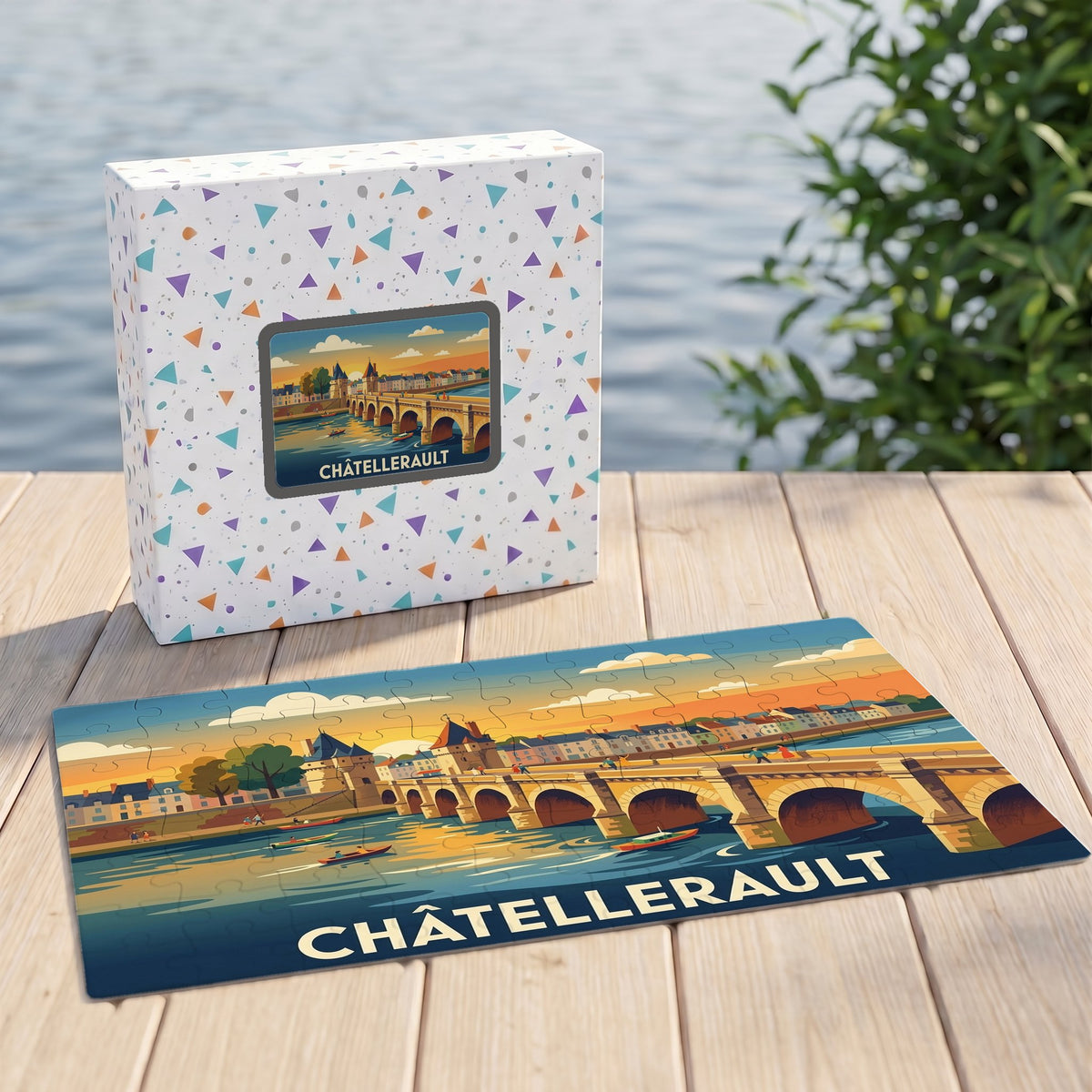 Puzzle souvenir de la ville de Châtellerault illustré par une vue stylisée de son pont emblématique au coucher du soleil.