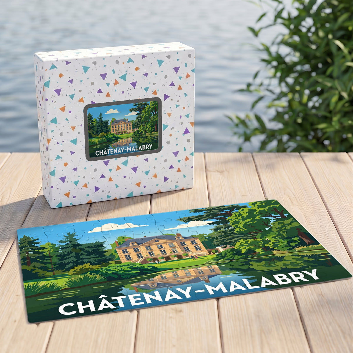 Puzzle souvenir de la ville de Châtenay-Malabry avec une illustration stylisée de son château et de son parc.