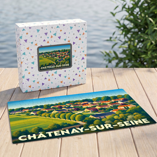 Puzzle souvenir de la ville de Châtenay-sur-Seine avec une illustration stylisée.