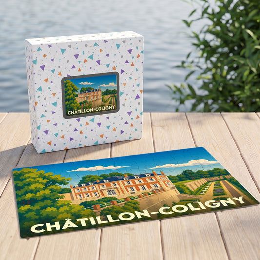 Puzzle souvenir de la ville de Châtillon-Coligny avec une illustration stylisée de son château.