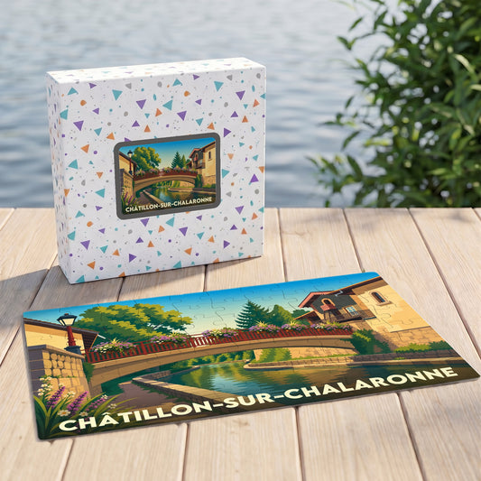 Puzzle souvenir de la ville de Châtillon-sur-Chalaronne illustrant un pont fleuri au bord de l'eau.