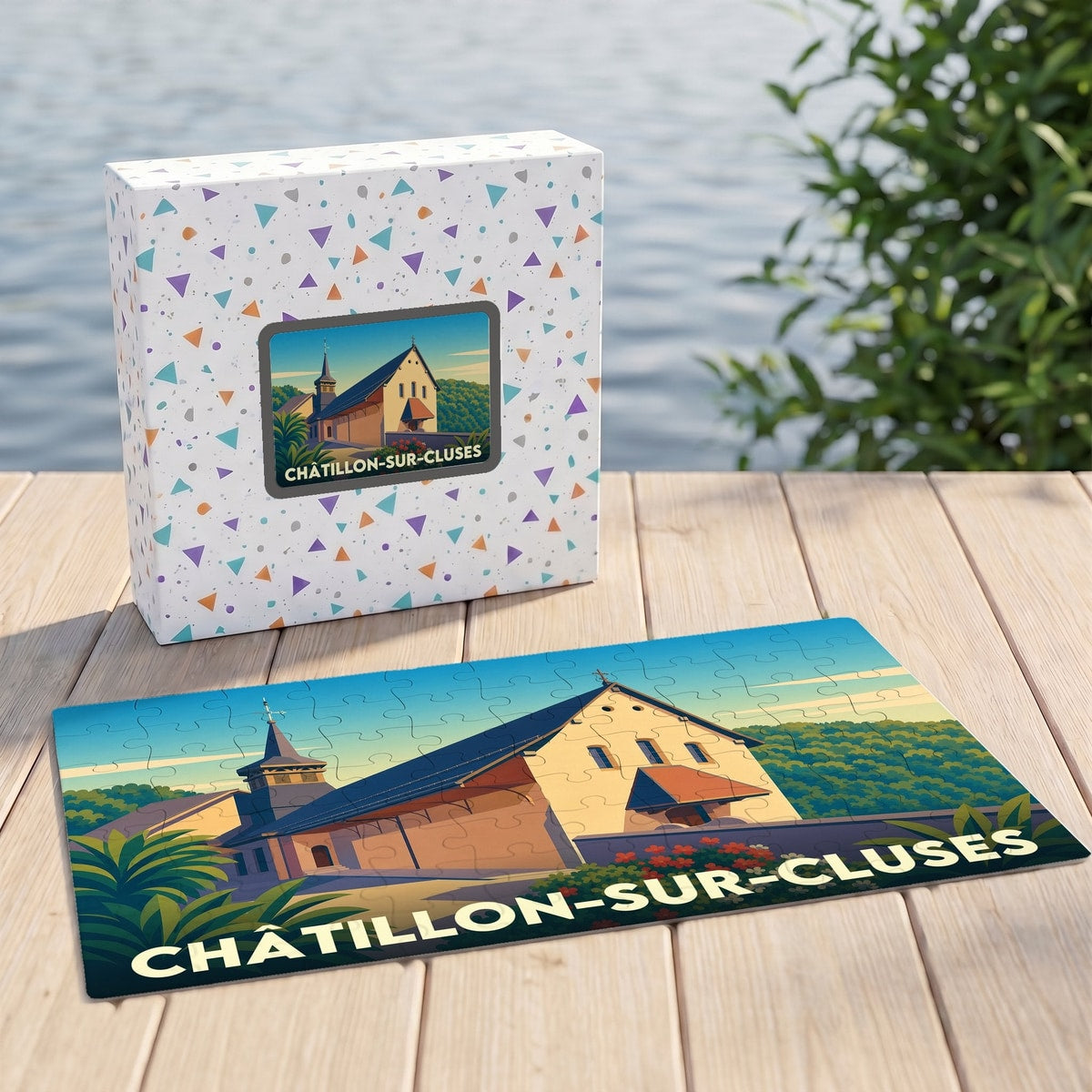 Puzzle souvenir de la ville de Châtillon-sur-Cluses avec une illustration stylisée de son église.