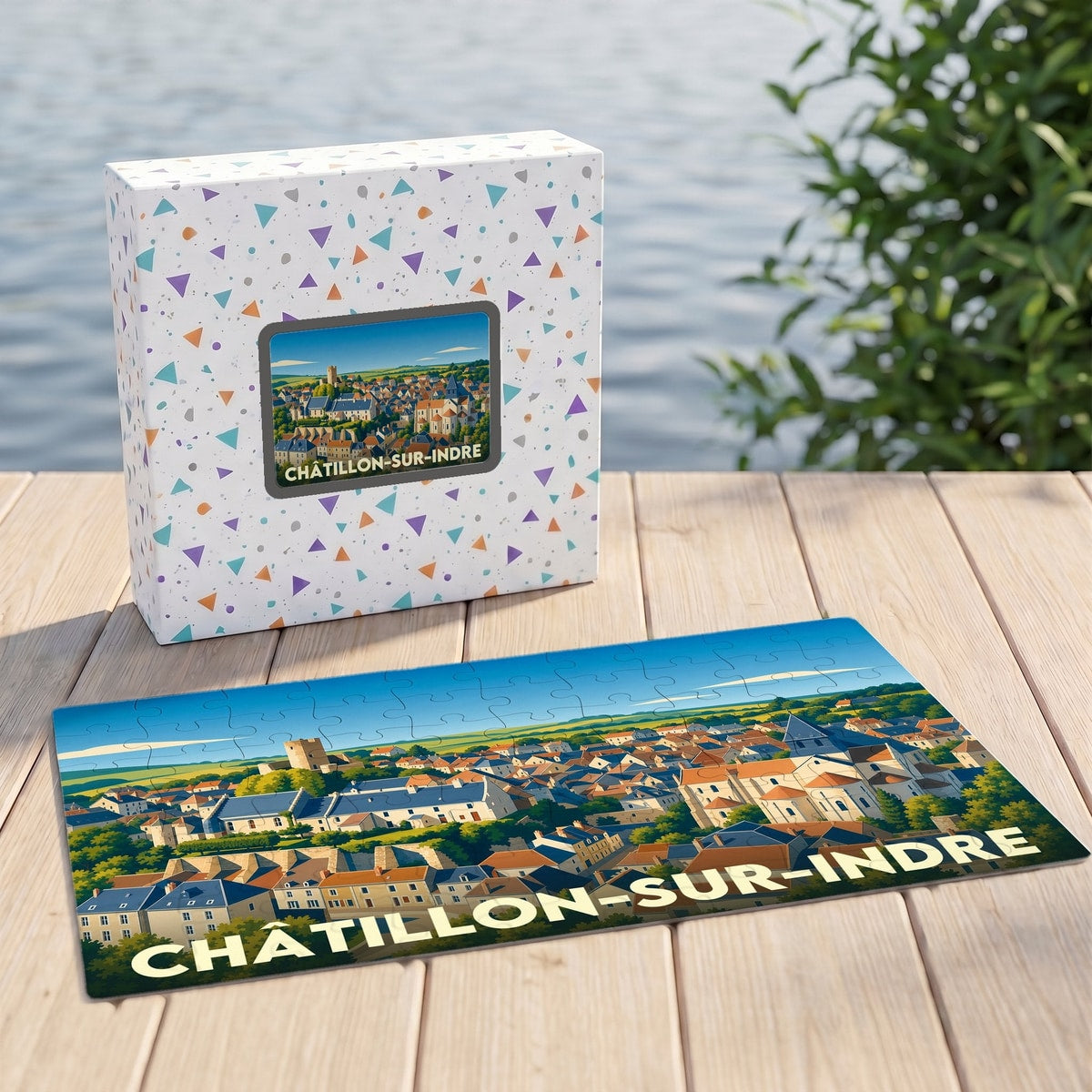 Puzzle souvenir de la ville de Châtillon-sur-Indre avec une illustration panoramique stylisée.