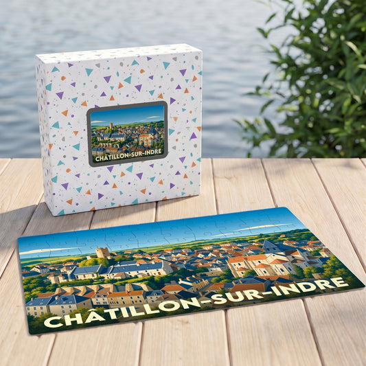 Puzzle souvenir de la ville de Châtillon-sur-Indre avec une illustration panoramique stylisée.