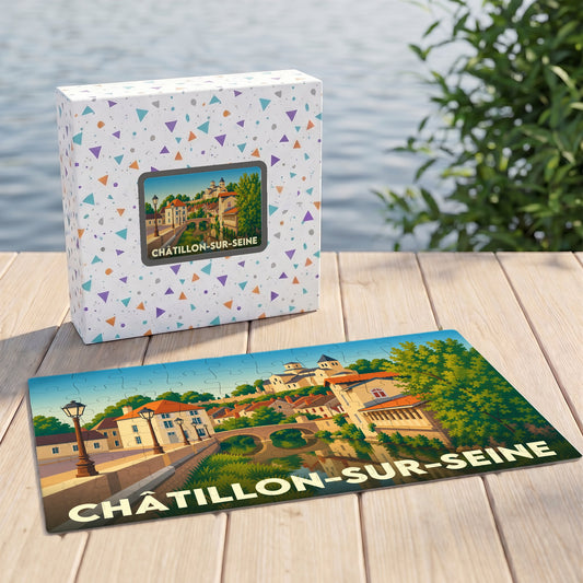 Puzzle souvenir de la ville de Châtillon-sur-Seine avec une illustration stylisée et colorée.