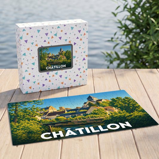 Puzzle souvenir de la ville de Châtillon avec une illustration stylisée d'un paysage urbain au bord de l'eau.