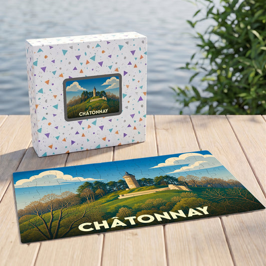Puzzle souvenir de la ville de Châtonnay avec une illustration stylisée d'un paysage collinaire.