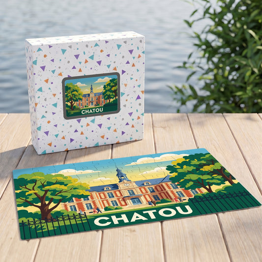 Puzzle souvenir de la ville de Chatou avec une illustration stylisée et colorée.