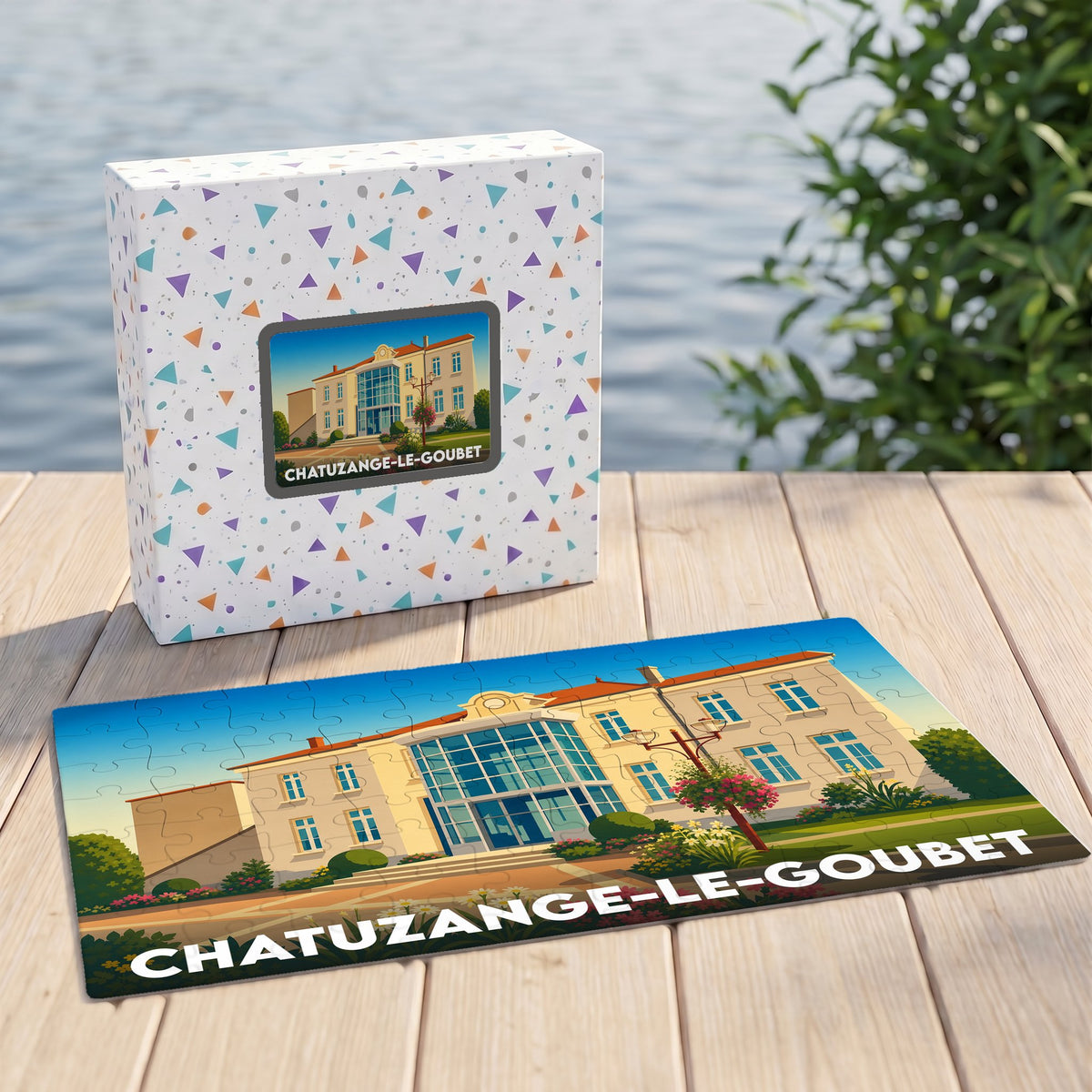 Puzzle souvenir de la ville de Chatuzange-le-Goubet avec une illustration stylisée de sa mairie.